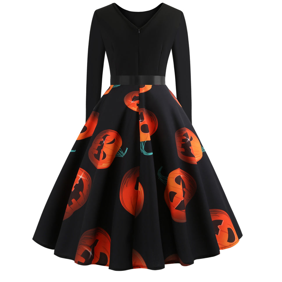 Halloween Digital Printed Patchwork Long Sleeves Swing Skirt