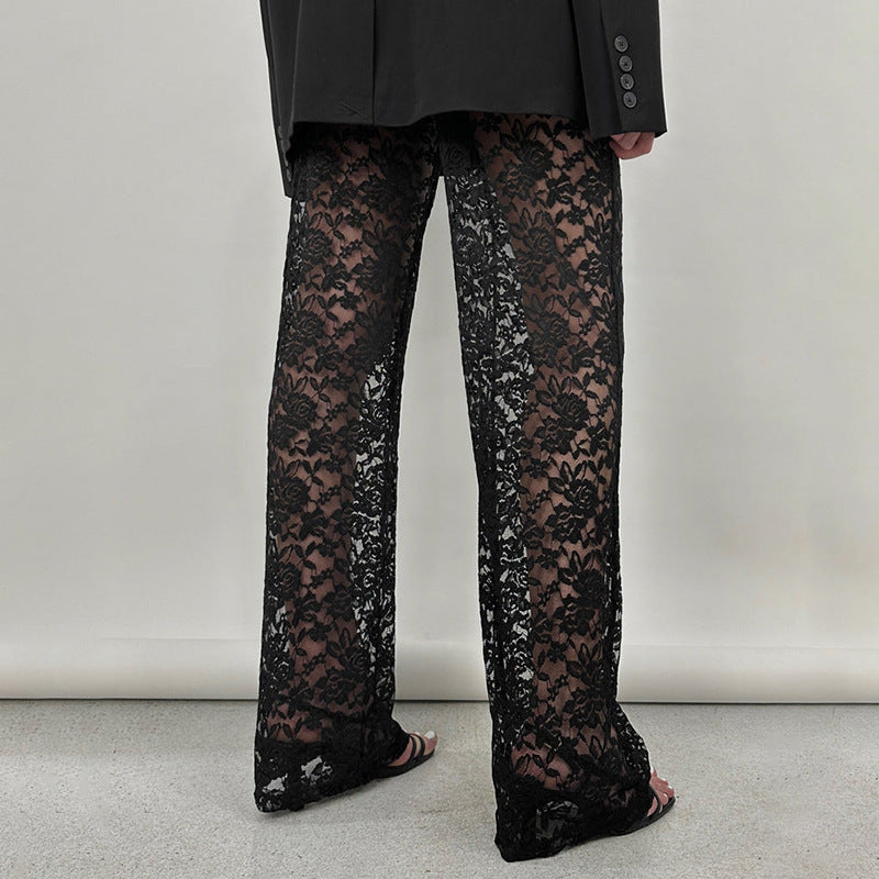 New All-match Lace High Waist Long Stitching Straight-leg Pants