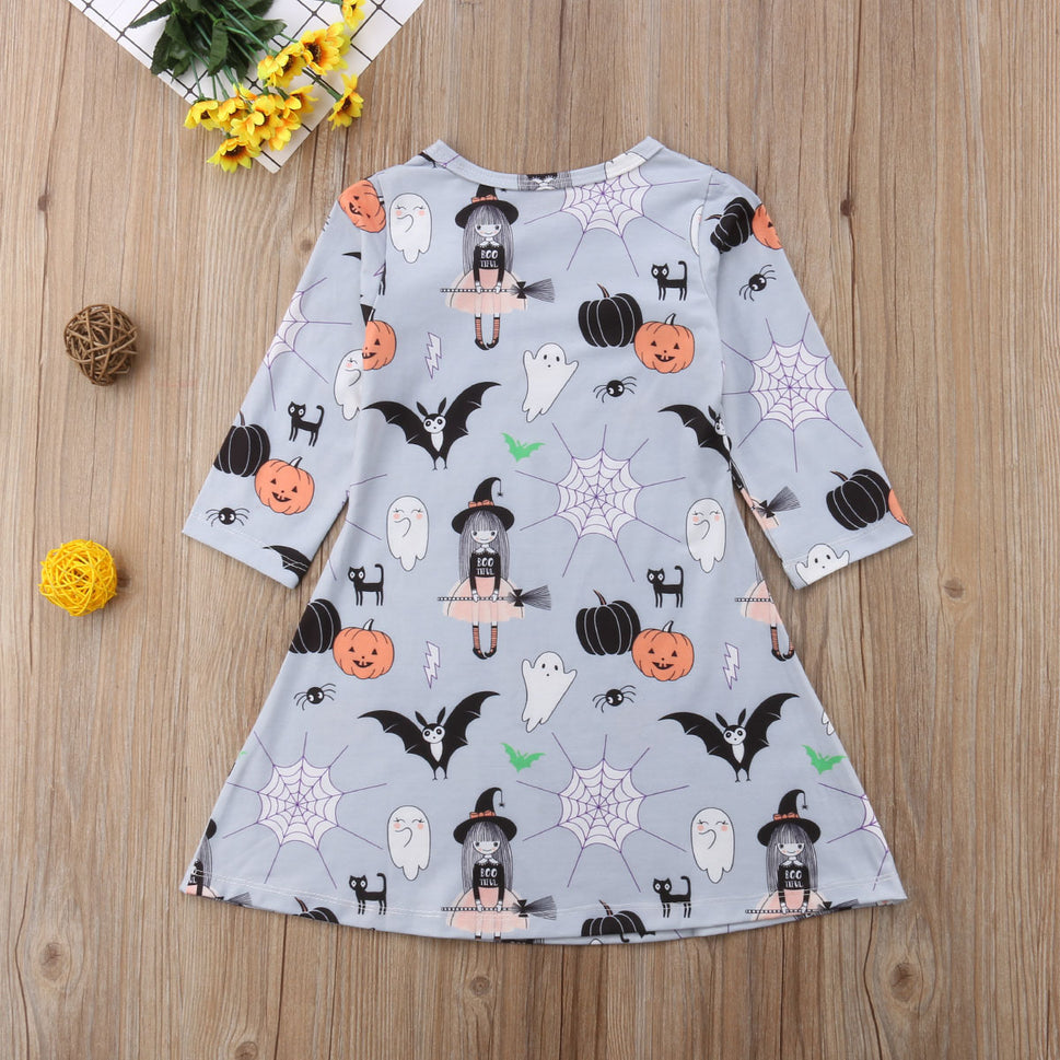 Halloween Girl's Dress Spider Pumpkin Cartoon Print Long Sleeve Children's Casual Skirt