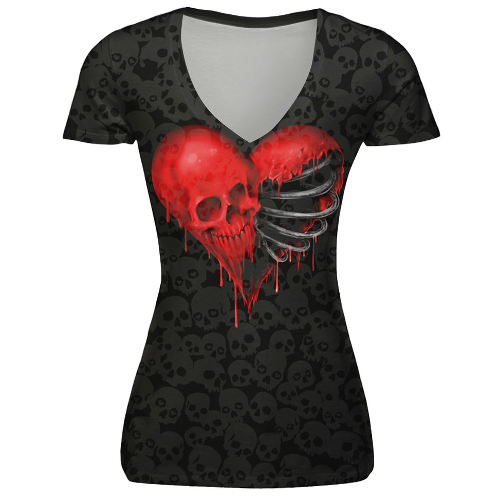 Halloween new head skull love digital printing T-shirt short sleeved female V collar breathable shirt blouse wholesale