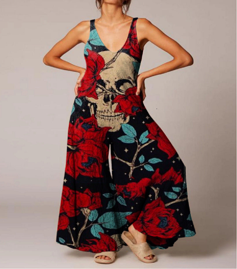 Women's Halloween Skull Fashion Print Jumpsuit