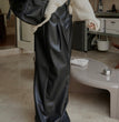 Women's High Waist PU Slim-fit Wide-leg Pants