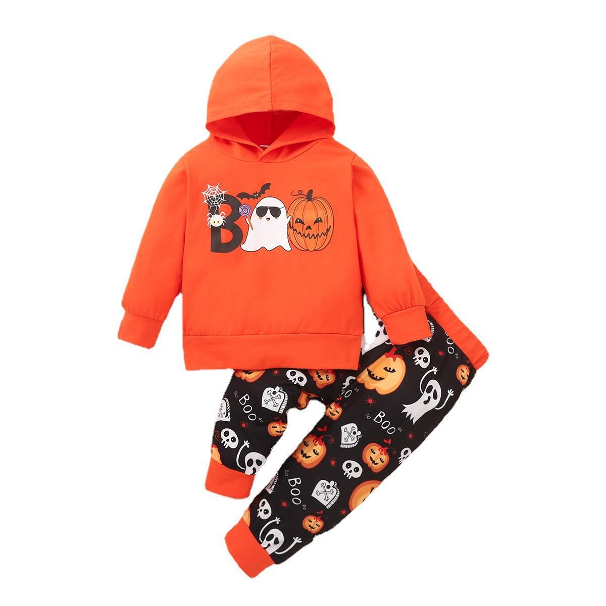 Boys' Halloween Pumpkin Orange Hooded Sweatshirt And Pants Set