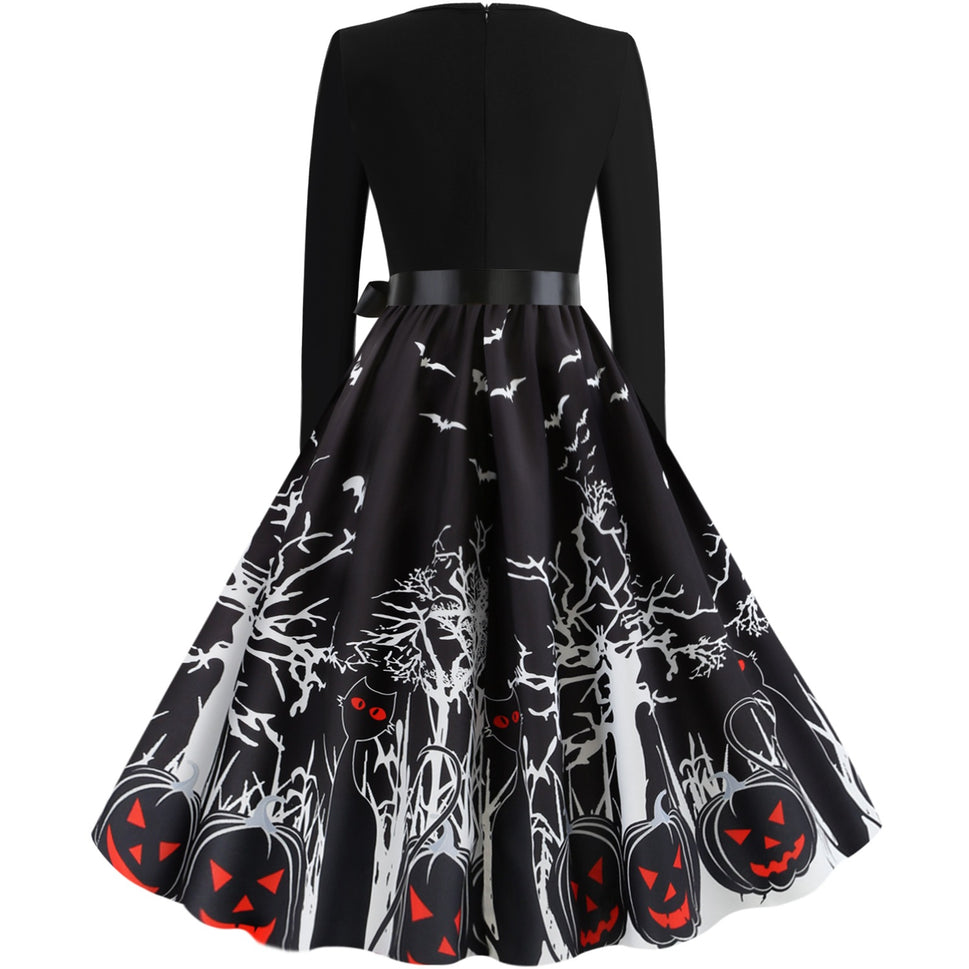 Halloween Retro Floral Print Swing Dress