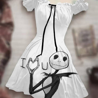 Halloween Print Drawstring Dress With Puffy Sleeves