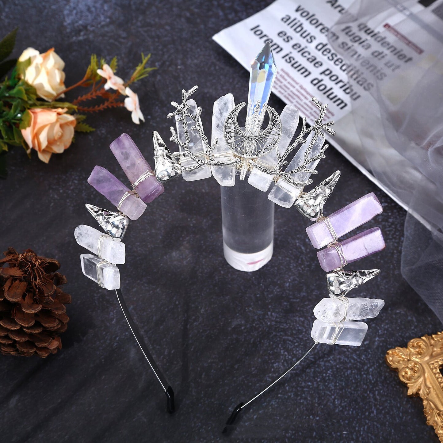 Natural Crystal Halloween Crown Hair Clasp