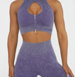 Stone Washed Rib Fitness Pants Women's Zipper Short Sleeve Bra