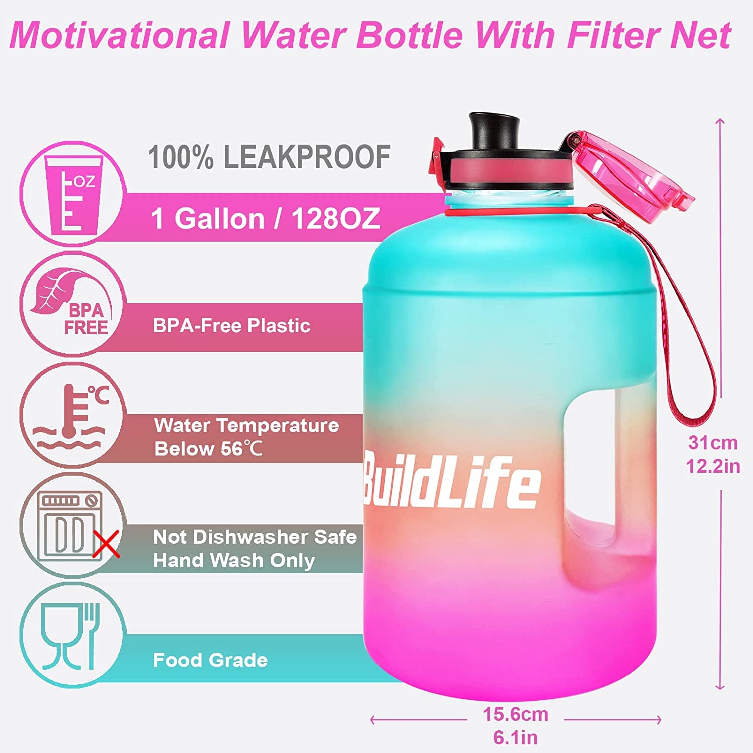 Gallon Water Bottle - 128 Oz, Leak Proof Lid with Time Markers for Gym