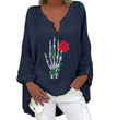 Halloween Themed Print V-neck Cotton Linen Long Sleeve Shirt For Women