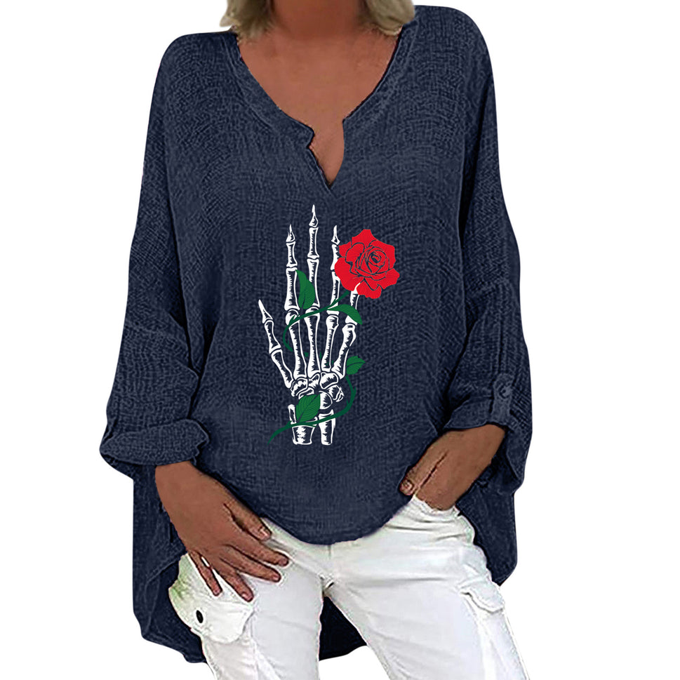 Halloween Themed Print V-neck Cotton Linen Long Sleeve Shirt For Women