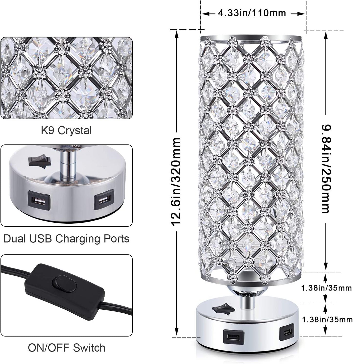 USB Crystal Table Lamps Bedside Lamps Set of 2, Modern Nightstand Lamps with Dual USB Charging Ports, Glam Bedroom Lamps Table Lamps for Bedroom, Living Room, Study Room and Office (Set of 2)