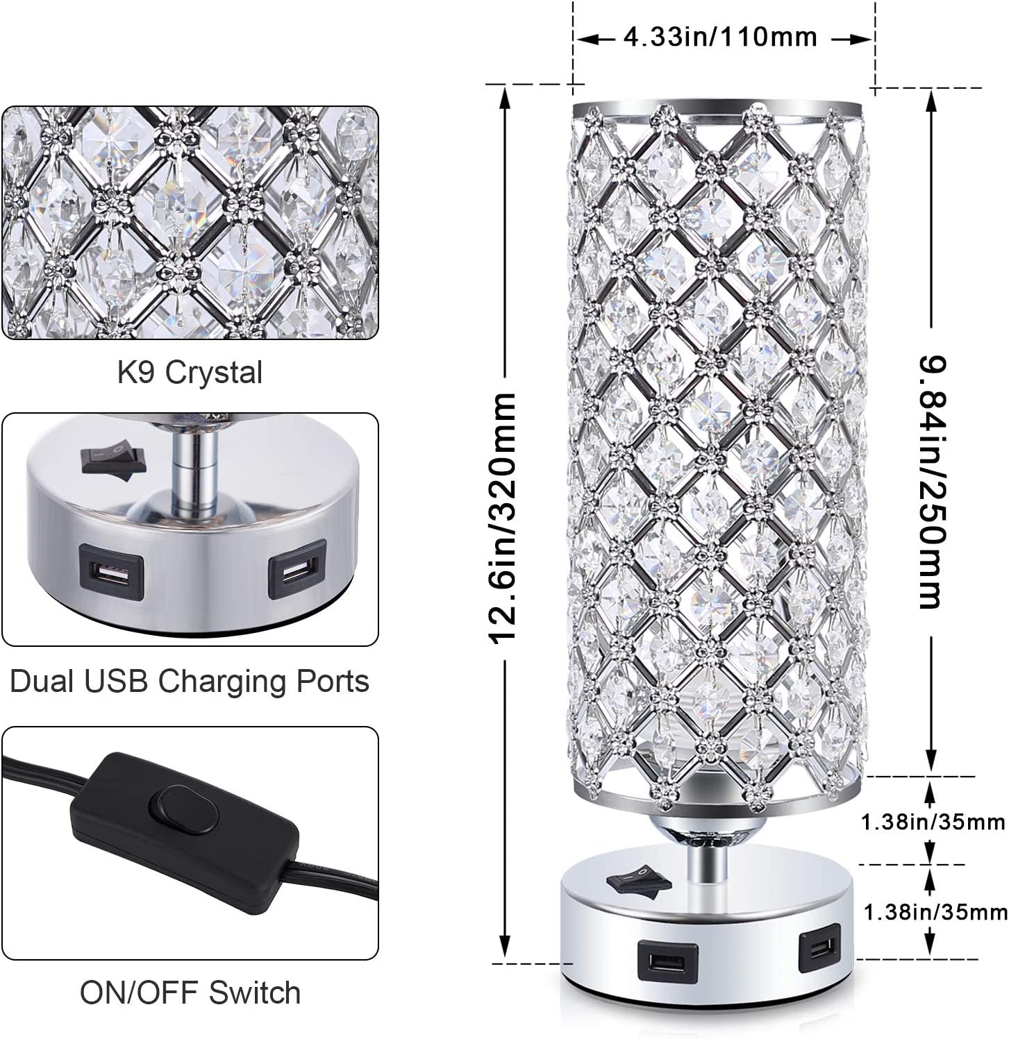 USB Crystal Table Lamps Bedside Lamps Set of 2, Modern Nightstand Lamps with Dual USB Charging Ports, Glam Bedroom Lamps Table Lamps for Bedroom, Living Room, Study Room and Office (Set of 2)