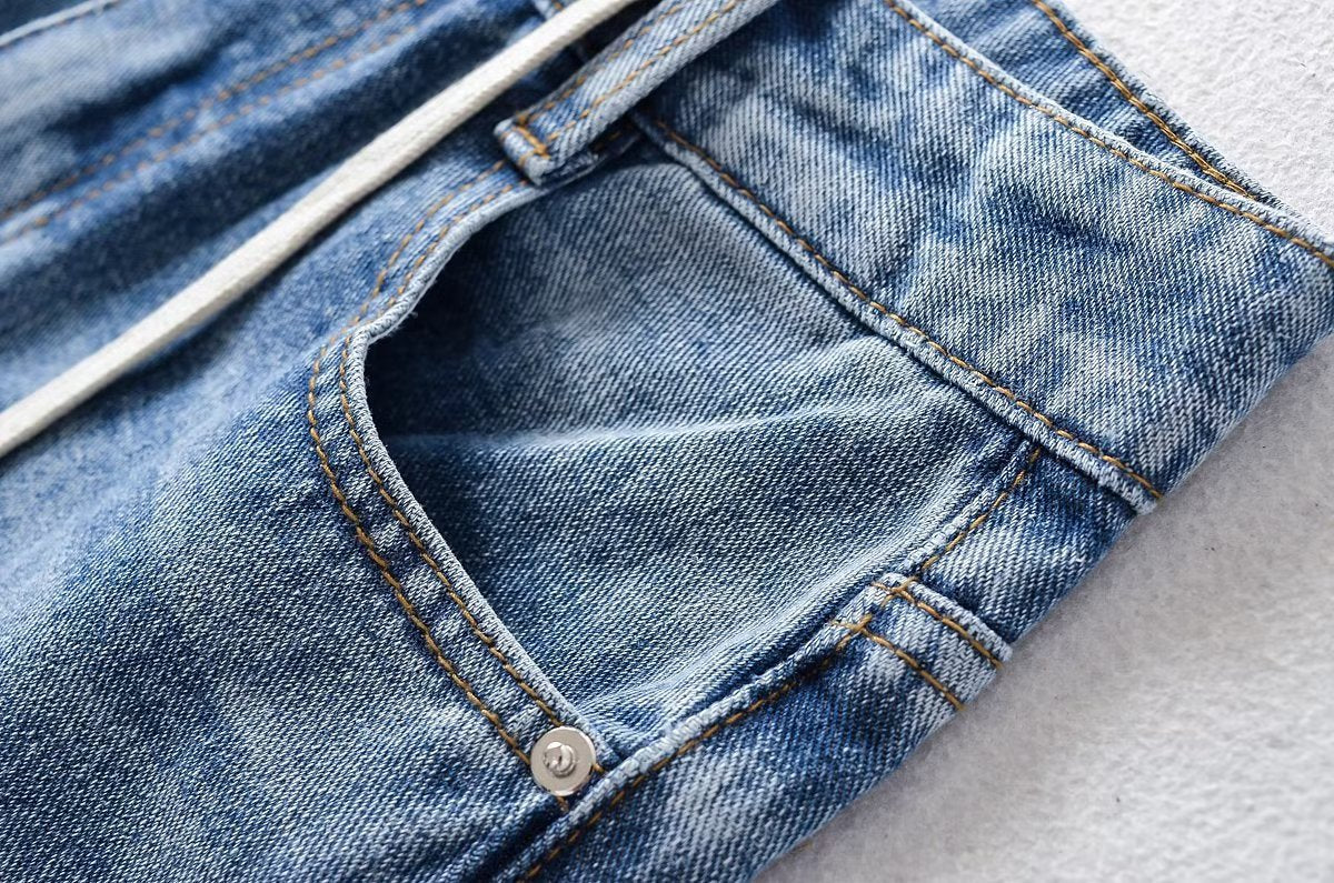 New High Waist Drawstring Ribbon Casual Loose Straight Jeans