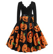 Halloween Burnt Flower V-neck Long-sleeved Sexy Print Big Swing Dress