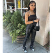 Tight Pleated High Waist Stretch Leather Pants