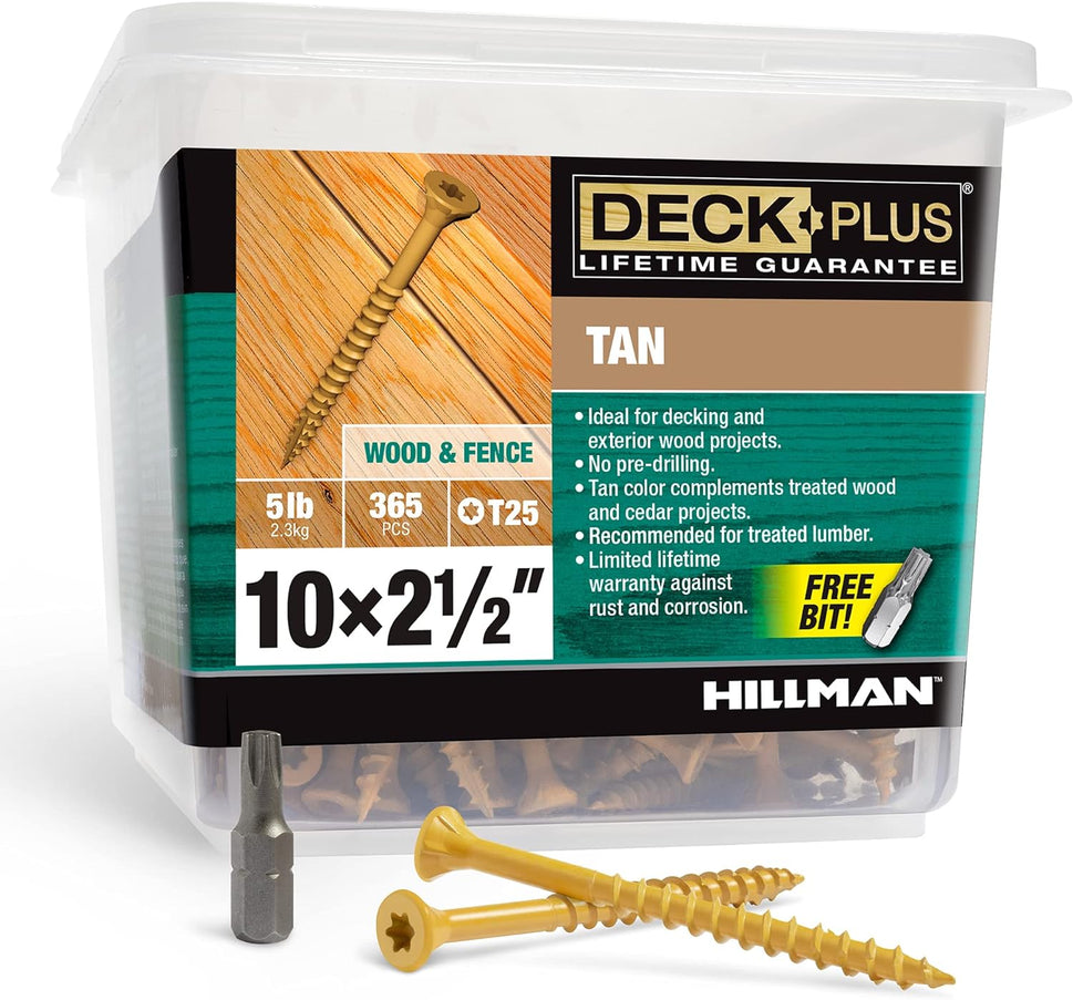 2-1/2 Inch Epoxy Coated Exterior Wood and Fence Screws #10 X 2-1/2" Torx/Star Drive Included Coarse Thread, Outdoor Rust Resistant Decking Screw, Tan, 5 Lb Box, 365 Pieces | 48416