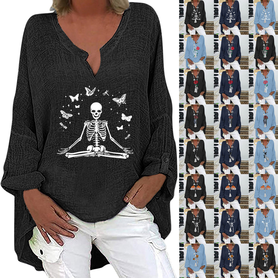 Halloween Themed Print V-neck Cotton Linen Long Sleeve Shirt For Women