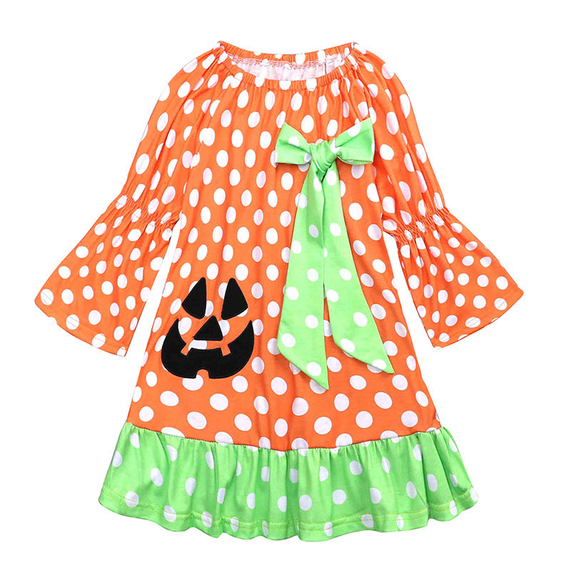 Long Sleeve Girls Halloween Dress Black Pumpkin Ghost