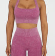 Stone Washed Rib Fitness Pants Women's Zipper Short Sleeve Bra