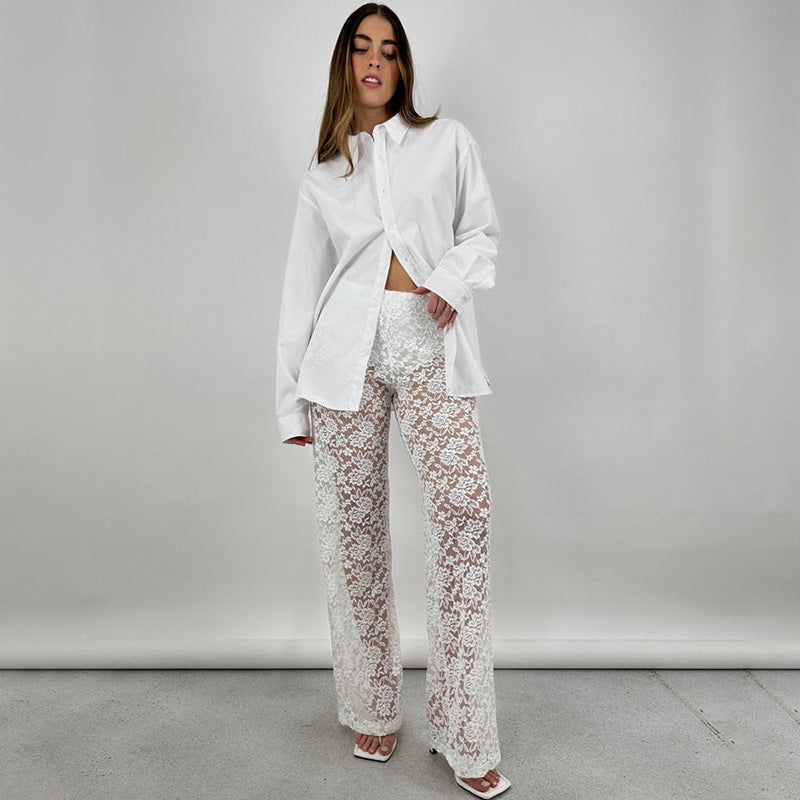 New All-match Lace High Waist Long Stitching Straight-leg Pants