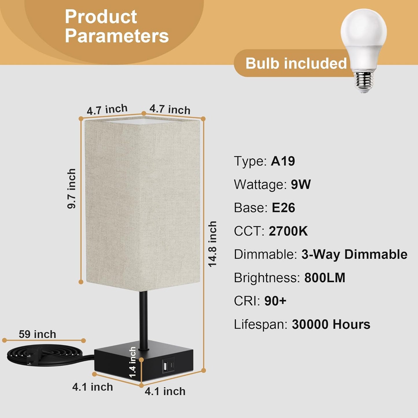 Bedside Lamps, Table Lamp with USB C+A Charging Ports, 3 Way Dimmable Touch Control, Small Nightstand Lamps for Bedroom, Home Decor, Living Room, LED Bulbs Included, Upgraded Beige