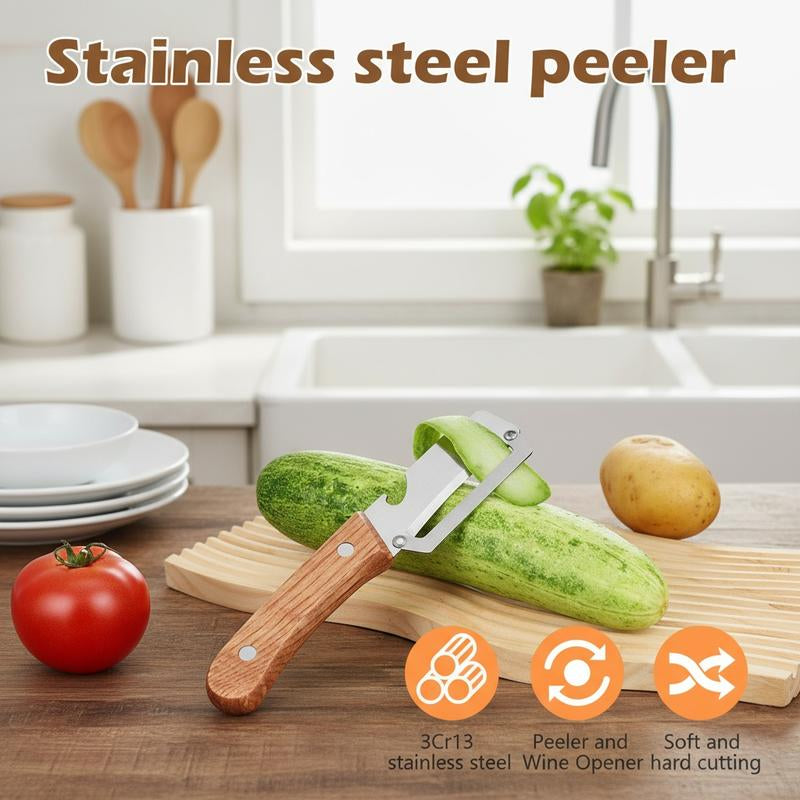 Premium-Grade Fruit & Vegetable Peeler | Sharp Stainless Steel Blade, Ergonomic Wooden Handle + Built-In Bottle Opener – Ideal for Daily Kitchen Use (Potatoes, Apples, Pumpkins & More)