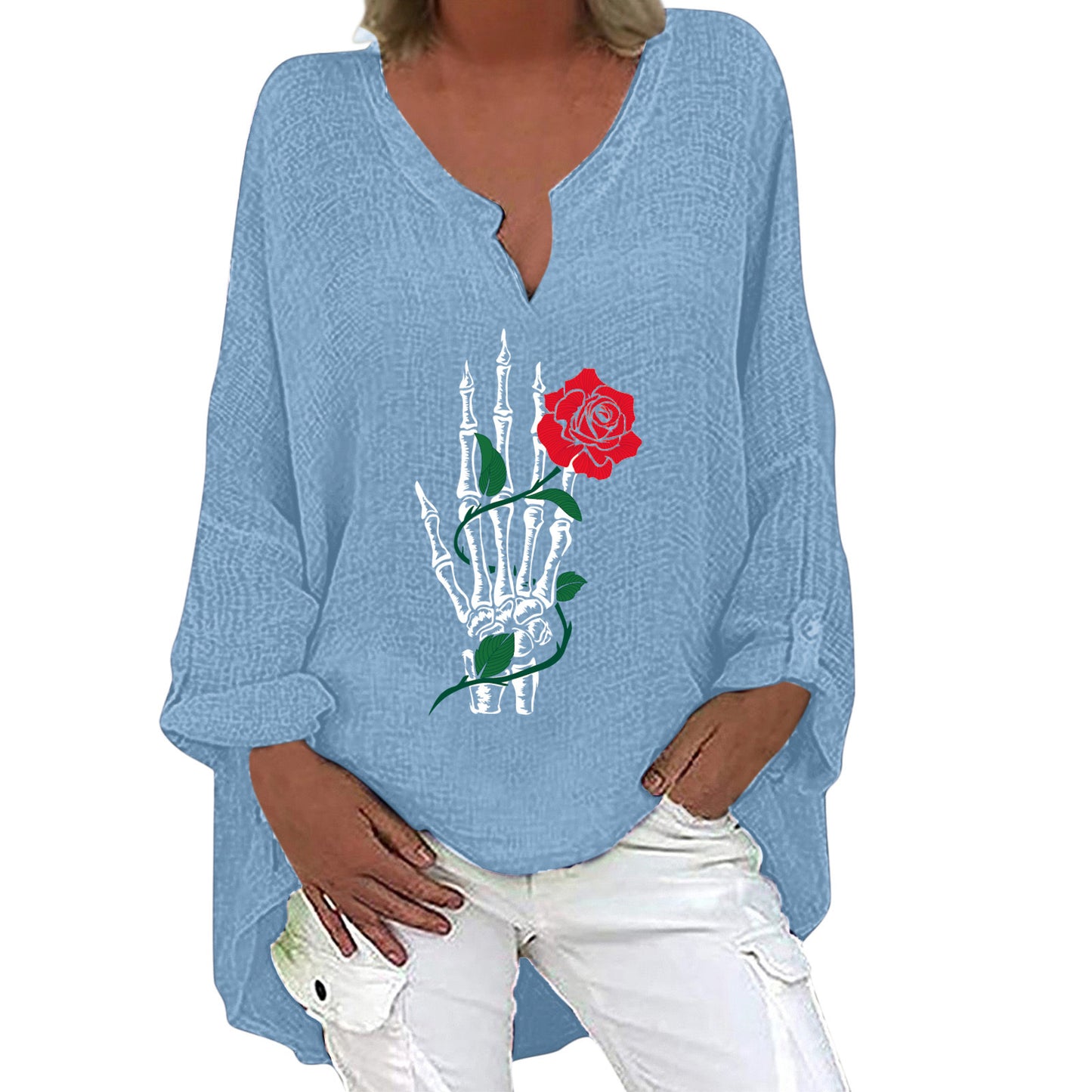 Halloween Themed Print V-neck Cotton Linen Long Sleeve Shirt For Women