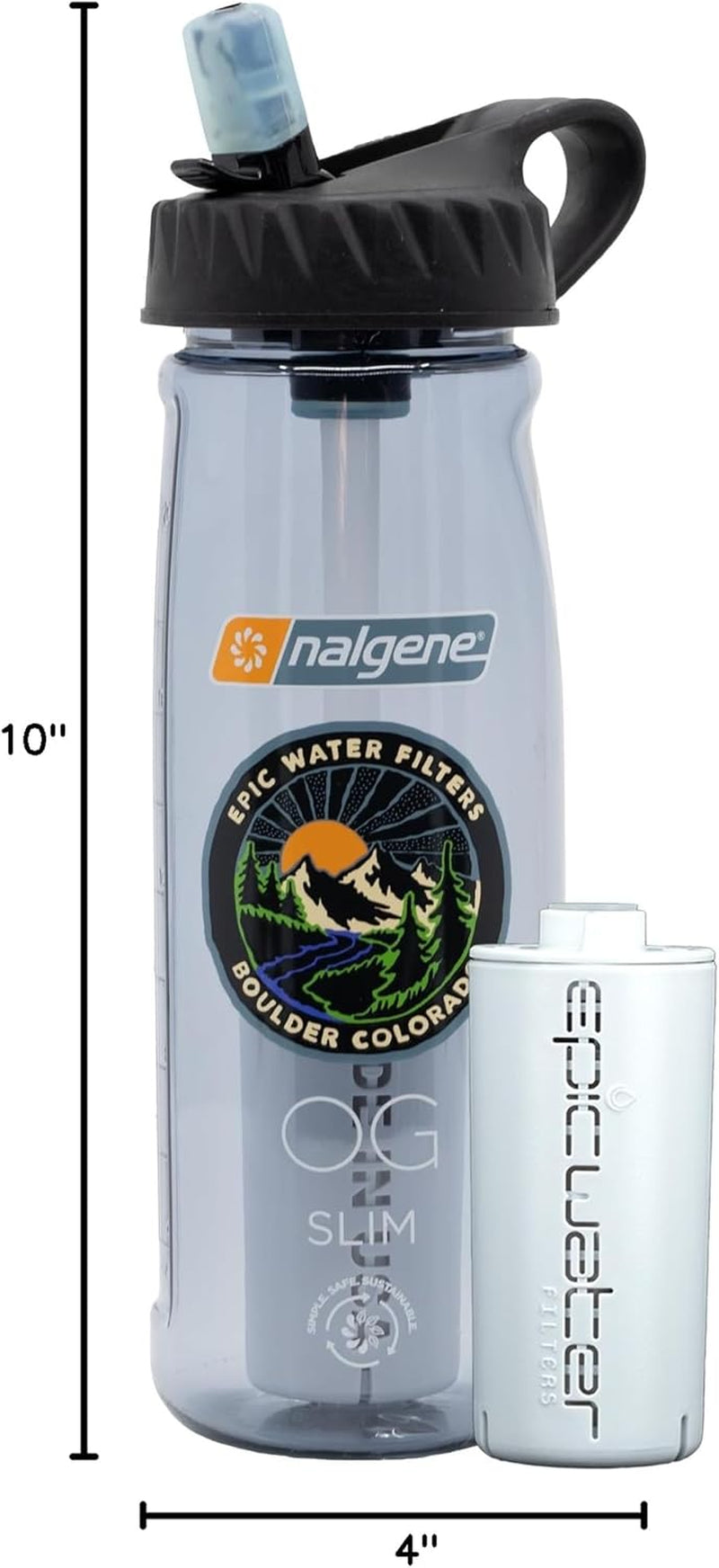 Nalgene OG Water Bottle with Filter, USA Made, BPA Free, Removes 99.99% Tap Water Contaminants, Forever Chemicals, Smoke Grey, 32 Oz