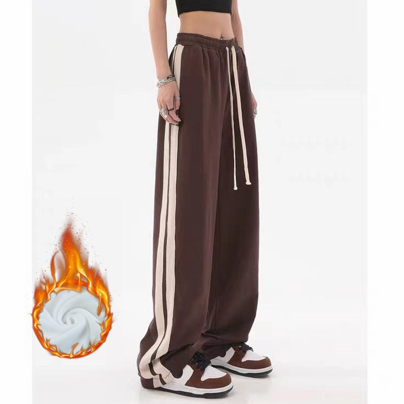 Brown American Retro Casual Pants Women's High Street Drawstring Velvet Padded Loose