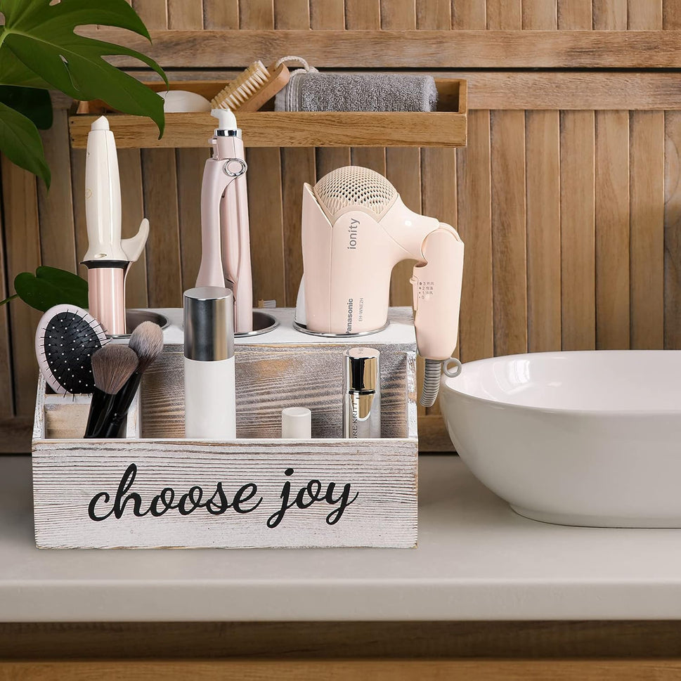 Rustic Wooden Hair Tool Organizer - Curling Iron, Blow Dryer & Straightener Holder - Flat Iron & Hair Accessories Storage - Bathroom Countertop