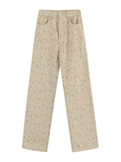 Homemade Floral Straight Leg Jeans For Women