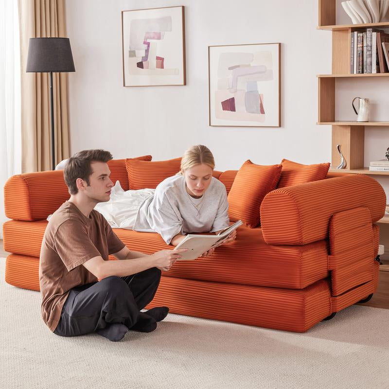 79" Oversized Boneless Couch with 4 Pillows,5 in 1 Convertible Sleeper Futon Sofa Bed with Deep Seat,Corduroy Foldable Modular Floor Pull Out Couch for Living Room,No Assemble