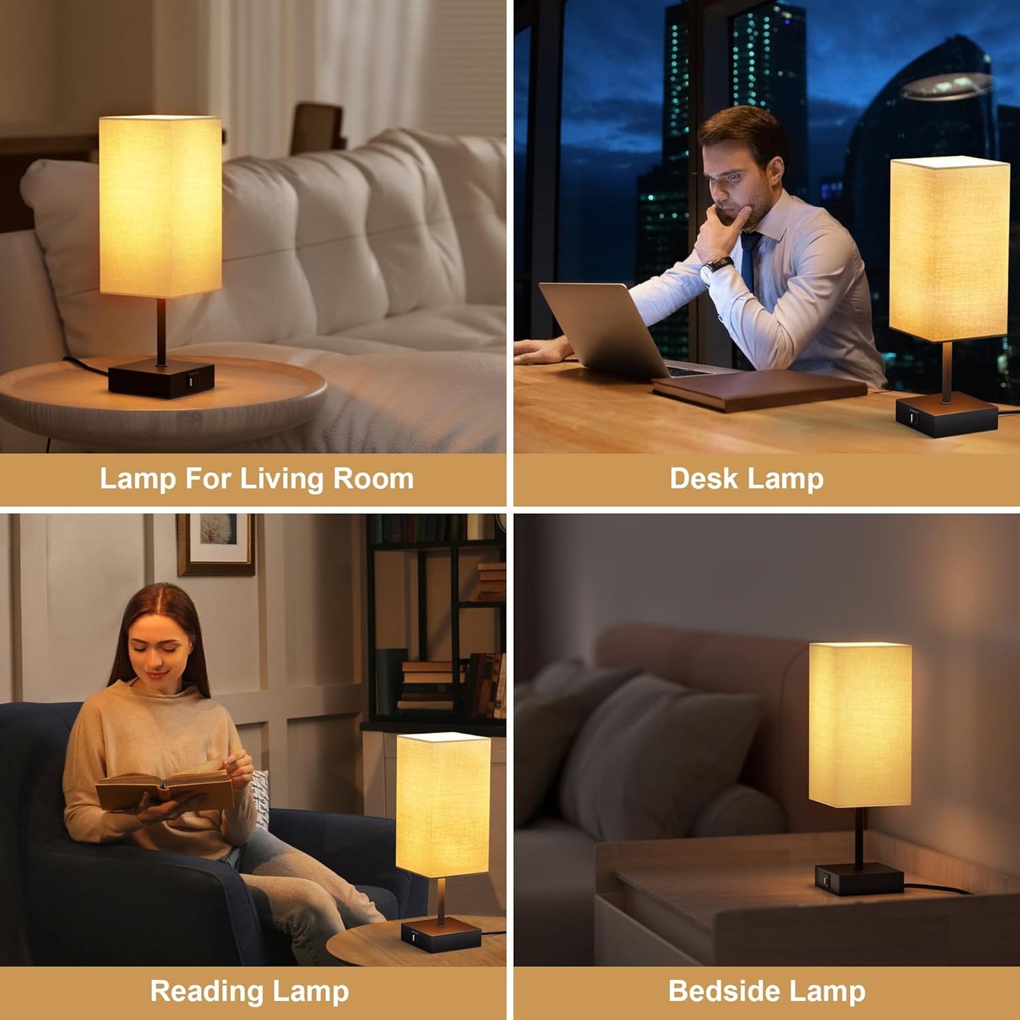 Bedside Lamps, Table Lamp with USB C+A Charging Ports, 3 Way Dimmable Touch Control, Small Nightstand Lamps for Bedroom, Home Decor, Living Room, LED Bulbs Included, Upgraded Beige