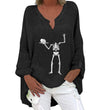 Halloween Themed Print V-neck Cotton Linen Long Sleeve Shirt For Women