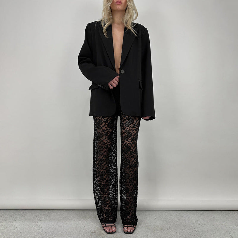 New All-match Lace High Waist Long Stitching Straight-leg Pants