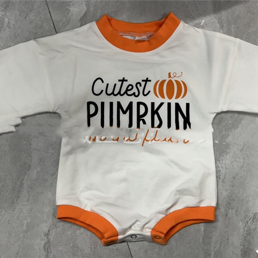 Halloween Alphabet Pumpkin Print Crew Neck Long Sleeve Romper