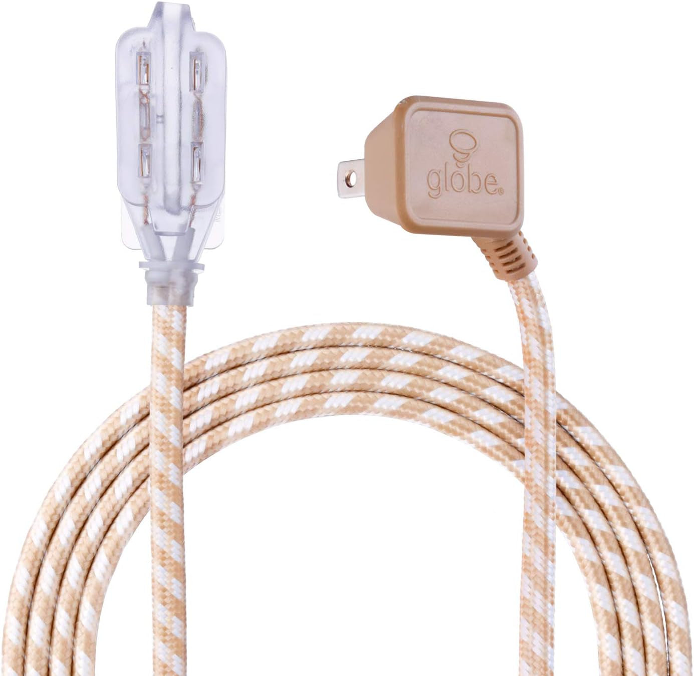 22836 Designer Series 9-Ft Fabric Extension Cord, 3 Polarized Outlets, Right Angle Plug, 125 Volts, Gold and White