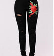 Women's Fashion Embroidery Ripped Black Denim Elastic Pants