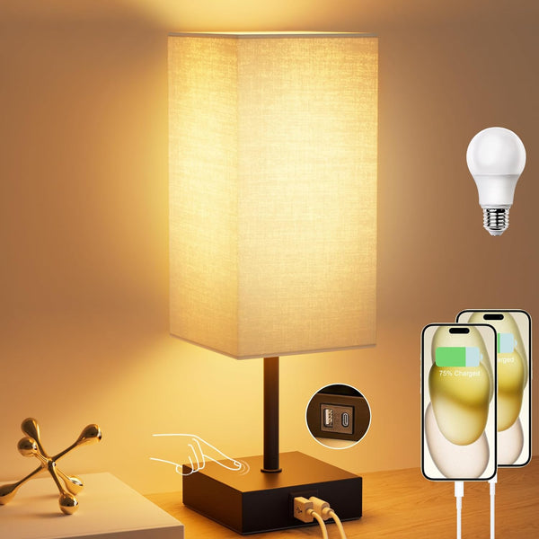 Dimmable Touch Bedside Lamp with USB-C & USB-A