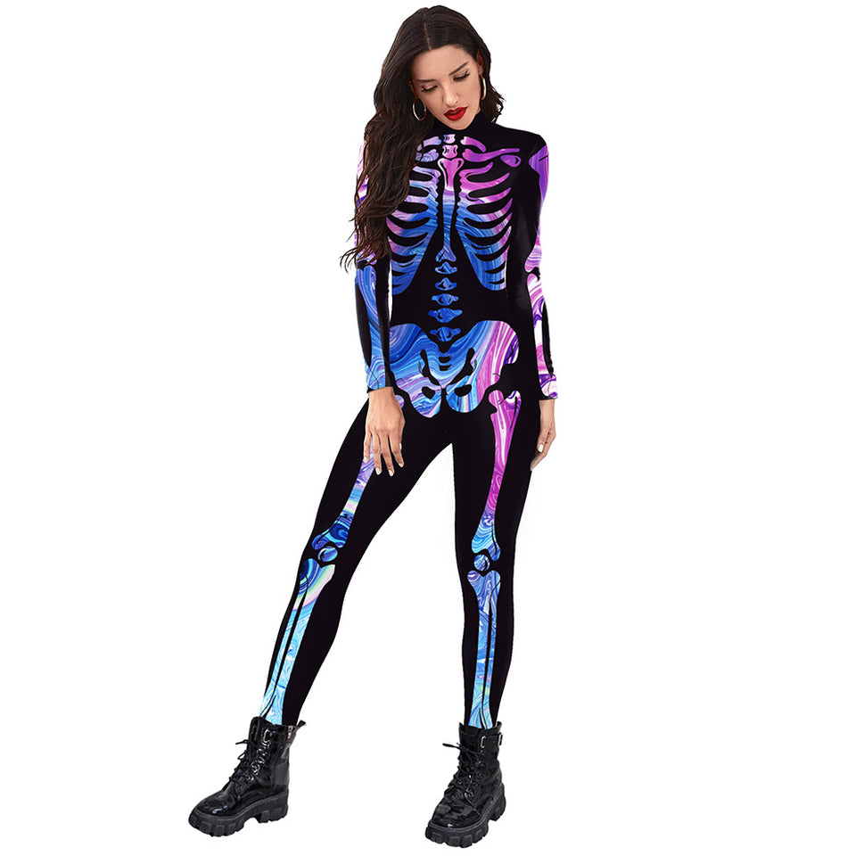 New Halloween Colorful Human Skeleton Print Jumpsuit