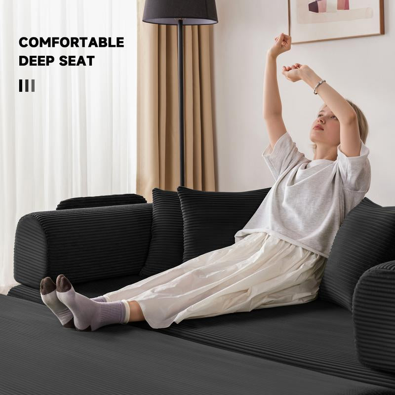 79" Oversized Boneless Couch with 4 Pillows,5 in 1 Convertible Sleeper Futon Sofa Bed with Deep Seat,Corduroy Foldable Modular Floor Pull Out Couch for Living Room,No Assemble