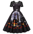 Halloween Party Lace Patchwork Positioning Print Short Sleeve Swing Dress