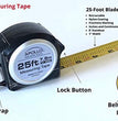 Tools Measuring Tape, 25 Foot Tape Measure with Retractable Blade, Fraction Markings, 1 Inch Nylon Blade, 8 Foot Standout, Lock Button and Belt Clip - Black - DT5002