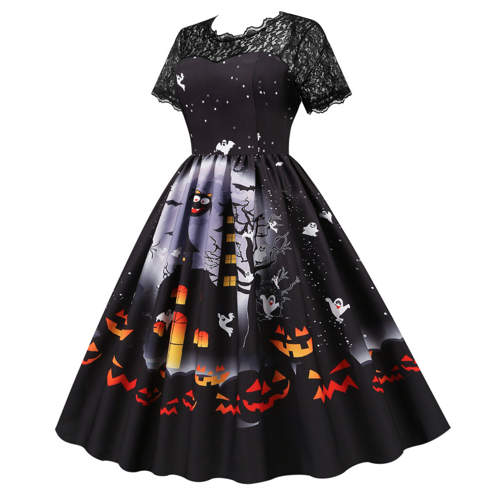Halloween Party Lace Patchwork Positioning Print Short Sleeve Swing Dress