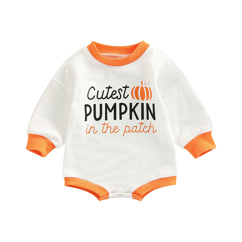 Halloween Alphabet Pumpkin Print Crew Neck Long Sleeve Romper