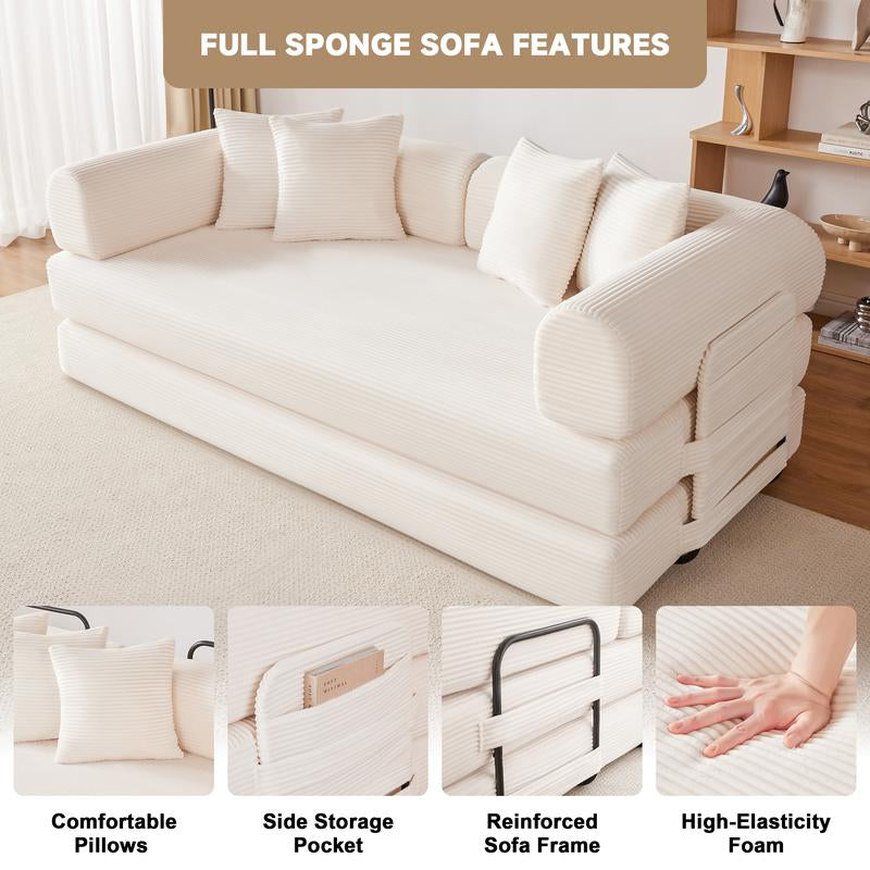 79" Oversized Boneless Couch with 4 Pillows,5 in 1 Convertible Sleeper Futon Sofa Bed with Deep Seat,Corduroy Foldable Modular Floor Pull Out Couch for Living Room,No Assemble