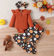 Halloween Autumn And Winter Infant Long-sleeve Jumpsuit Pumpkin Print Flared Pants Hair Band Girls' Suit