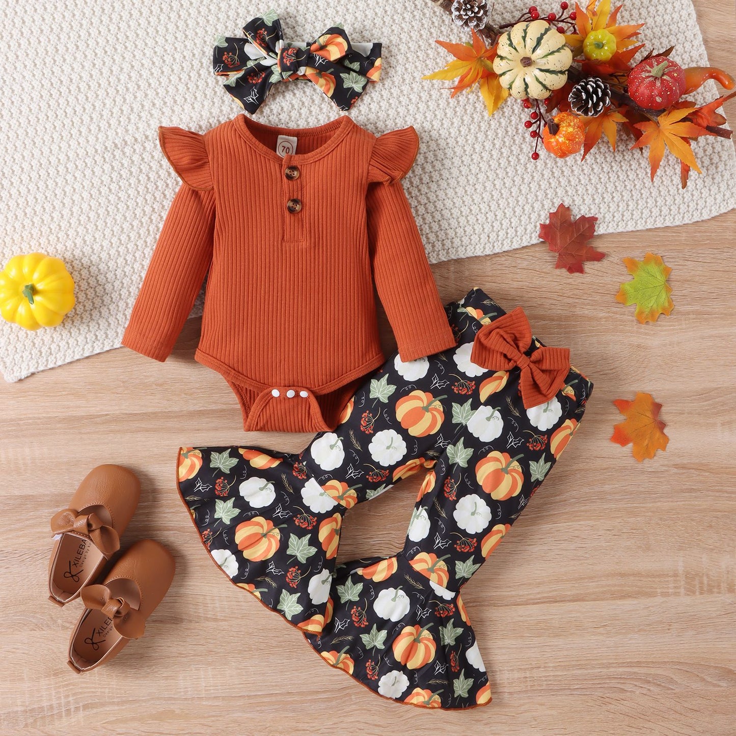 Halloween Autumn And Winter Infant Long-sleeve Jumpsuit Pumpkin Print Flared Pants Hair Band Girls' Suit