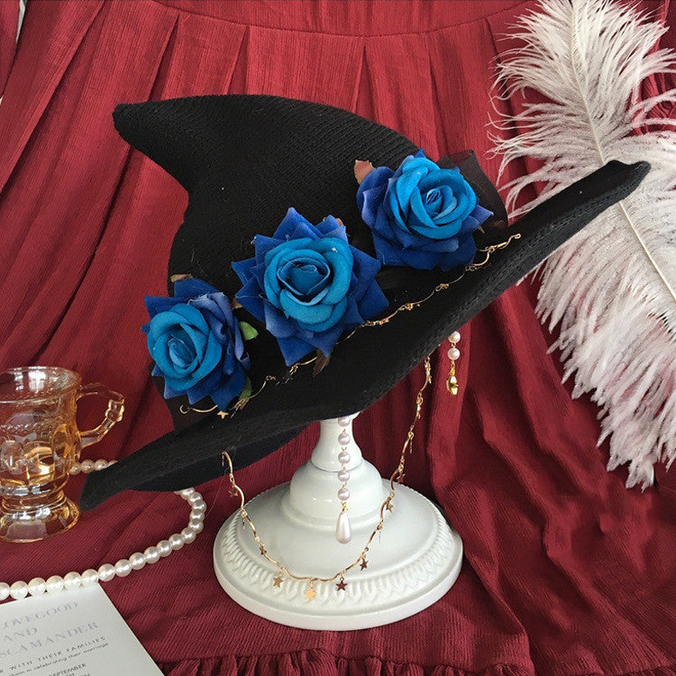 Lolita Velvet Witch Hat Halloween Wide Brim Rose Witch Hat