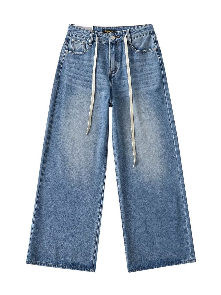 New High Waist Drawstring Ribbon Casual Loose Straight Jeans